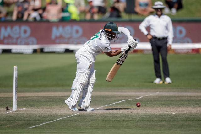 South Africa's Temba Bavuma plays a shot on day three of the third Test match between South Africa and Australia at Newlands stadium in Cape Town on October 29, 2026. (Photo by Marco Longari / AFP)