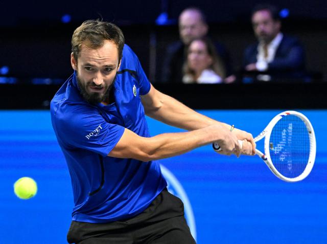 Russia's Daniil Medvedev returns the ball to Britain's Cameron Norrie (not pictured) at the Erste Bank Open 2026 ATP 500 tennis tournament in Vienna, Austria, on October 28, 202 (Photo by HELMUT FOHRINGER / APA / AFP) / Austria OUT