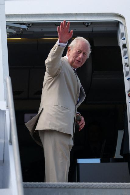 Britain's King Charles III boards his plane at Lynden Pindling International Airport in Nassau, Bahamas on October 29, 2026. King Charles III's Autumn Tour continues as he travels to Guyana next followed by Antigua and Barbuda. (Photo by Isabel Infantes / POOL / AFP)