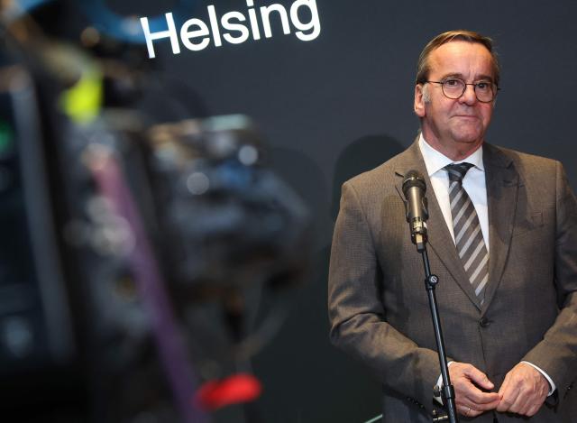 Germany's defence minister Boris Pistorius addresses the media during a visit at the defence technology start-up Helsing in Munich, southern Germany on October 29, 2026. (Photo by Karl-Josef HILDENBRAND / AFP)