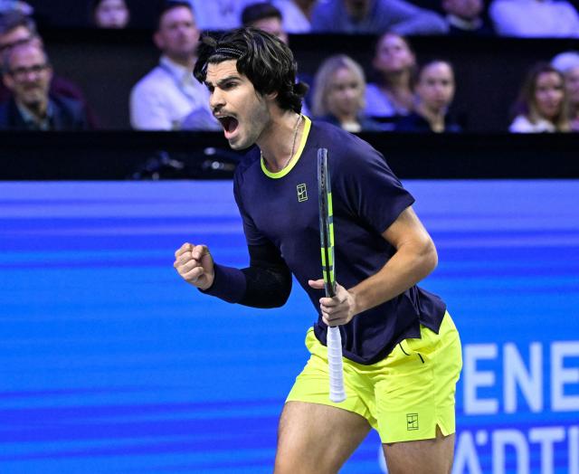 Spain’s Carlos Alcaraz reacts while playing against Georgia's Nikoloz Basilashvili (not pictured) at the Erste Bank Open 2026 ATP 500 tennis tournament in Vienna, Austria, on October 29, 2026. (Photo by HELMUT FOHRINGER / APA / AFP) / Austria OUT