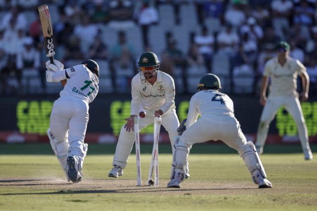 South Africa's Temba Bavuma is bowled by Australia's Nathan Lyon on day three of the third Test match between South Africa and Australia at Newlands stadium in Cape Town on October 29, 2026. (Photo by Marco Longari / AFP)