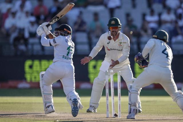 South Africa's Temba Bavuma is bowled by Australia's Nathan Lyon on day three of the third Test match between South Africa and Australia at Newlands stadium in Cape Town on October 29, 2026. (Photo by Marco Longari / AFP)