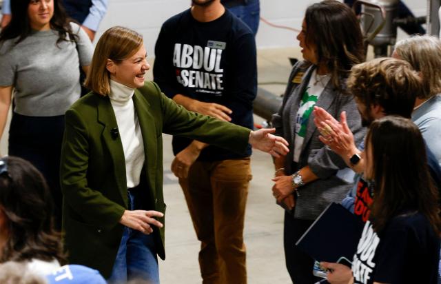 US Senator Elissa Slotkin arrives to speak in support of Michigan Democrat senatorial candidate Abdul El-Sayed at a union hall in Jackson, Michigan, on October 29, 2026. Michigan Democratic Senate candidate Abdul El-Sayed, a progressive Democrat, is running against Republican Mike Rogers for a seat in the US Senate. (Photo by JEFF KOWALSKY / AFP)