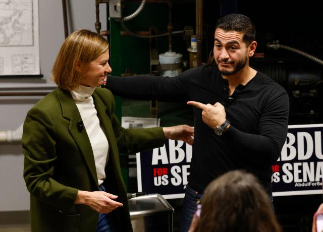 US Senator Elissa Slotkin welcomes Michigan Democrat senatorial candidate Abdul El-Sayed at a union hall in Jackson, Michigan, on October 29, 2026. Michigan Democratic Senate candidate Abdul El-Sayed, a progressive Democrat, is running against Republican Mike Rogers for a seat in the US Senate. (Photo by JEFF KOWALSKY / AFP)