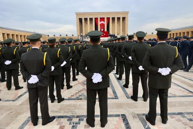 Turkish millitary members gather outside Anitkabir, the mausoleum of the Turkish Republic's Founder Mustafa Kemal Ataturk, during celebrations to mark the 103th anniversary of the Republic of Turkey in Ankara on October 29, 2026. (Photo by ADEM ALTAN / AFP)