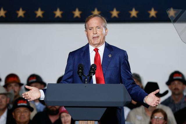 Republican candidate for US Senate Ken Paxton speaks during a midterm campaign rally with US Vice President JD Vance at JRJ Construction in Weatherford, Texas on October 29, 2026. (Photo by Evan Vucci / POOL / AFP)