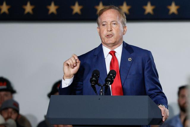 Republican candidate for US Senate Ken Paxton speaks during a midterm campaign rally with US Vice President JD Vance at JRJ Construction in Weatherford, Texas on October 29, 2026. (Photo by Evan Vucci / POOL / AFP)