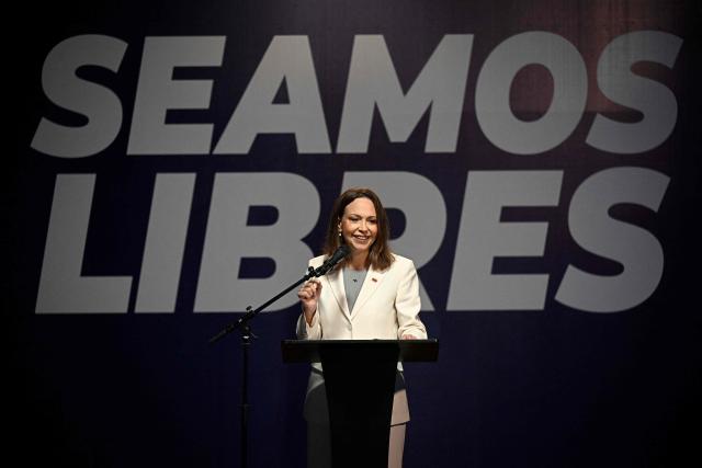 Venezuelan opposition leader and Nobel Peace Prize laureate Maria Corina Machado speaks during a press conference at the Andres Bello Catholic University in Caracas on October 29, 2026. (Photo by Federico PARRA / AFP)