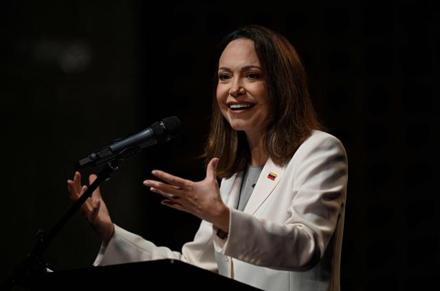 Venezuelan opposition leader and Nobel Peace Prize laureate Maria Corina Machado speaks during a press conference at the Andres Bello Catholic University in Caracas on October 29, 2026. (Photo by Federico PARRA / AFP)
