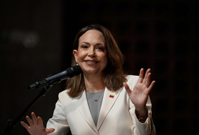 Venezuelan opposition leader and Nobel Peace Prize laureate Maria Corina Machado speaks during a press conference at the Andres Bello Catholic University in Caracas on October 29, 2026. (Photo by Federico PARRA / AFP)