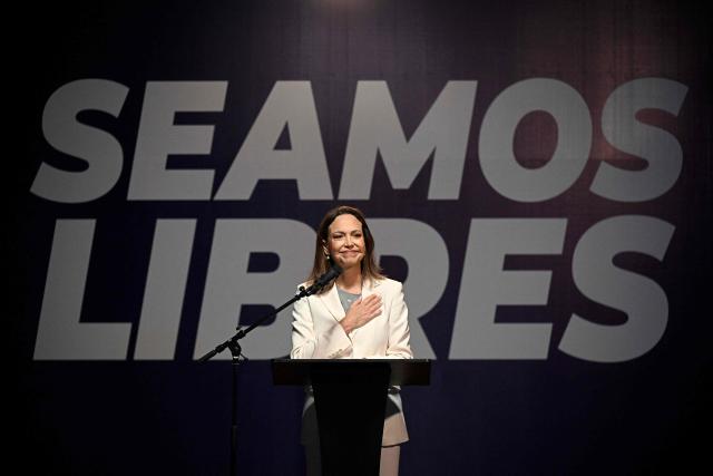 Venezuelan opposition leader and Nobel Peace Prize laureate Maria Corina Machado speaks during a press conference at the Andres Bello Catholic University in Caracas on October 29, 2026. (Photo by Federico PARRA / AFP)