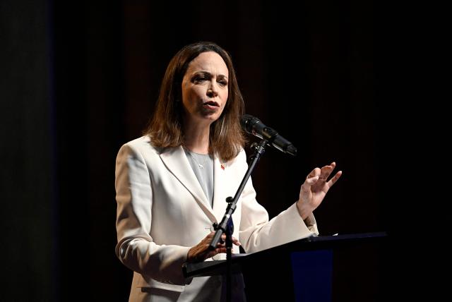 Venezuelan opposition leader and Nobel Peace Prize laureate Maria Corina Machado speaks during a press conference at the Andres Bello Catholic University in Caracas on October 29, 2026. (Photo by Federico PARRA / AFP)