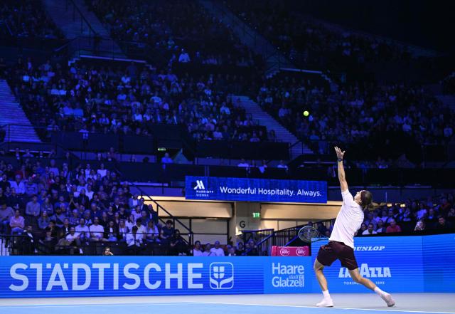 Germany's Alexander Zverev plays the ball to Netherland's Tallon Griekspoor (not pictured) at the Erste Bank Open 2026 ATP 500 tennis tournament in Vienna, Austria, on October 29, 2026. (Photo by HELMUT FOHRINGER / APA / AFP) / Austria OUT