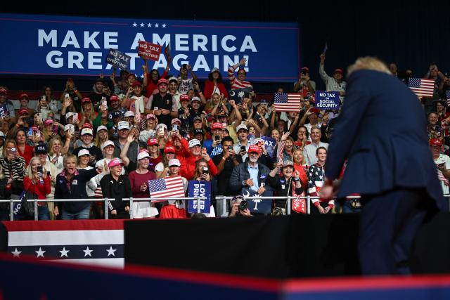 The audience reacts as US President Donald Trump departs afer speaking at a midterm campaign rally at the Rock Hill Sports & Event Center in Rock Hill, South Carolina on October 29, 2026. (Photo by Kent NISHIMURA / AFP)