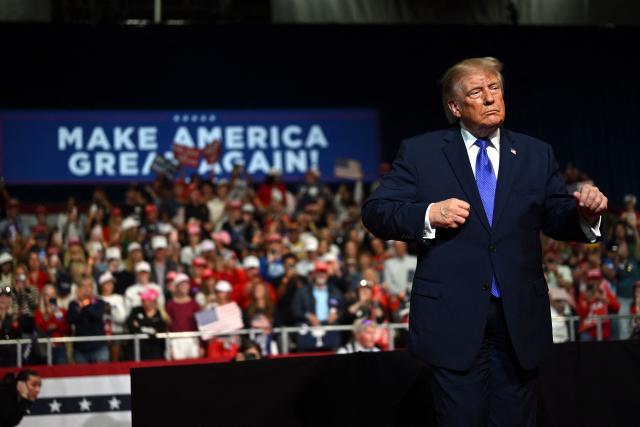 US President Donald Trump dances after speaking at a midterm campaign rally at the Rock Hill Sports & Event Center in Rock Hill, South Carolina on October 29, 2026. (Photo by Kent NISHIMURA / AFP)