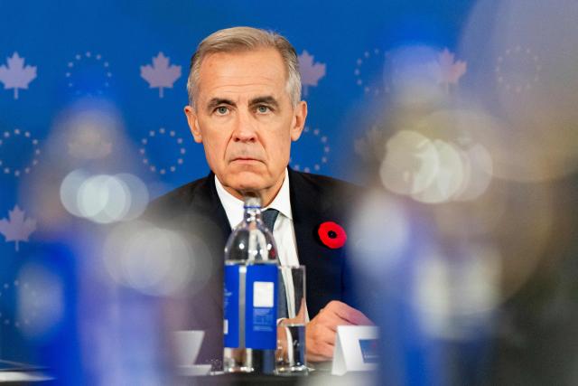 Canada's Prime Minister Mark Carney speaks during a roundtable event with business leaders during the 21st EU-Canada summit in Montreal, Quebec, Canada on October 29, 2026. The EU and Canada want to bring their relationship to the "highest level possible" as they face a "world of growing rivalries," the 27-nation bloc's chief said Thursday ahead of a meeting with Canadian leader Mark Carney. Brussels and Ottawa are to lay the groundwork for an ever-closer partnership at a two-day summit in Montreal, as they navigate uncertain ties with the United States and China. (Photo by Christopher Katsarov / POOL / AFP)