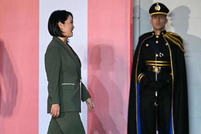 Peru's President Keiko Fujimori attends an official reception at the Presidential House in San Salvador on October 29, 2026. (Photo by Marvin RECINOS / AFP)