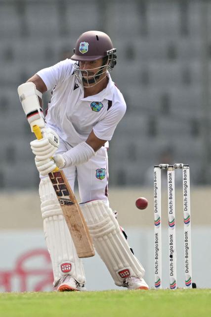 West Indies' Tagenarine Chanderpaul plays a shot during the third day of the first test cricket match between Bangladesh and West Indies at the Sher-e-Bangla National Stadium in Mirpur on October 30, 2026. (Photo by Salahuddin Ahmed / AFP)