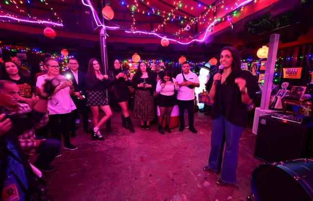 Los Angeles Mayoral Democratic candidate Nithya Raman meets with Latino voters at La Cita Bar in Los Angeles on October 29, 2026. Raman is facing incumbant Los Angeles Mayor Karen Bass in the November 3 election. (Photo by Frederic J. BROWN / AFP)