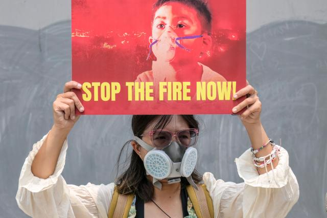 (FILES) A demonstrator wearing a gas mask holds a protest placard outside China's embassy to demand an audit of supply chains linked to Indonesian forest fires, in Jakarta on October 22, 2026. Air pollution from smoke emitted by months of wildfires across Indonesia caused an estimated 3,560 deaths in the vast Southeast Asian archipelago in September alone, according to a scientific study. (Photo by BAY ISMOYO / AFP)
