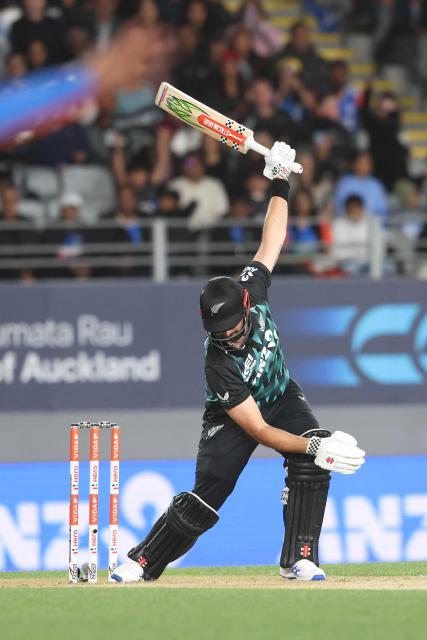 New Zealand's Daryl Mitchell is dismissed during the 4th T20 cricket match between New Zealand and India at Eden Park in Auckland on October 30, 2026. (Photo by Michael Bradley / AFP)
