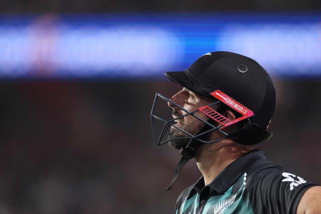 New Zealand's Daryl Mitchell reacts after being dismissed during the 4th T20 cricket match between New Zealand and India at Eden Park in Auckland on October 30, 2026. (Photo by Michael Bradley / AFP)