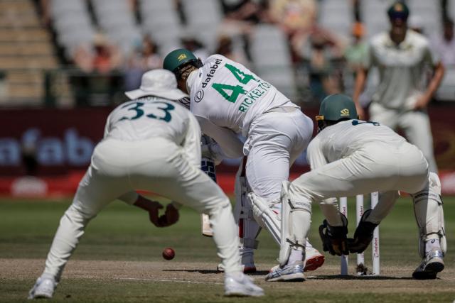 South Africa's Ryan Rickelton plays a shot on day four of the third Test match between South Africa and Australia at Newlands stadium in Cape Town on October 30, 2026. (Photo by Marco Longari / AFP)