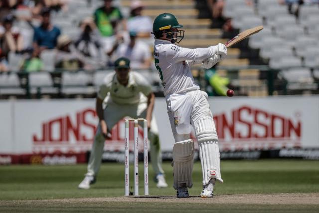 South Africa's Matthew Breetzke plays a shot on day four of the third Test match between South Africa and Australia at Newlands stadium in Cape Town on October 30, 2026. (Photo by Marco Longari / AFP)