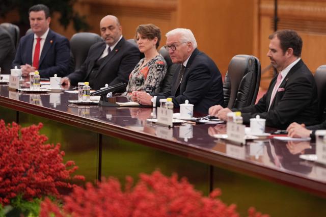 Germany’s President Frank-Walter Steinmeier (2nd R) attends a meeting with Chinese President Xi Jinping at the Great Hall of the People in Beijing on October 30, 2026. (Photo by Kai Naito / POOL / AFP)