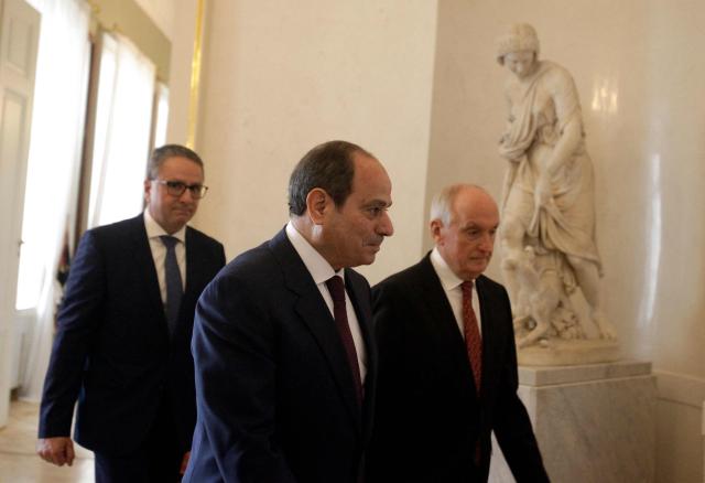 Egypt’s President Abdel Fattah Al-Sisi (2nd R) and his Hungarian counterpart Andras Baka (R) meet for talks at the presidential Sandor Palace in Budapest, Hungary, on October 30, 2026. (Photo by Peter Kohalmi / AFP)