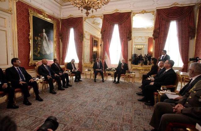 Egypt’s President Abdel Fattah Al-Sisi (C-L) and his Hungarian counterpart Andras Baka (C-R) and members of their delegations meet for talks at the presidential Sandor Palace in Budapest, Hungary, on October 30, 2026. (Photo by Peter Kohalmi / AFP)