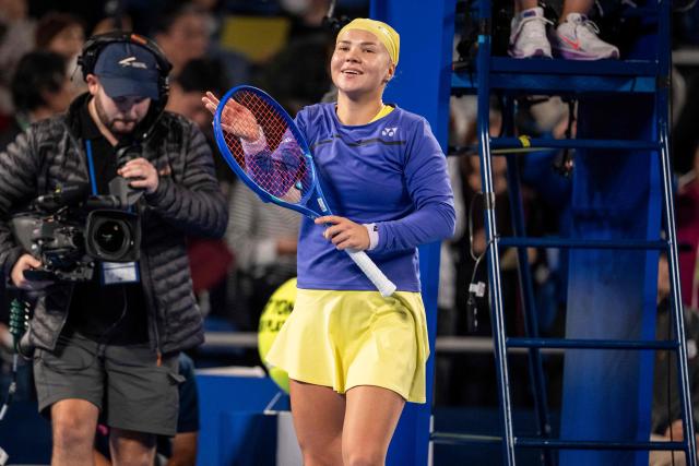 Russia's Diana Shnaider celebrates her victory against Philippines' Alexandra Eala in their quarter-final match at the WTA Pan Pacific Open tennis tournament at Ariake Coliseum in Tokyo on October 28, 2026. (Photo by Yuichi YAMAZAKI / AFP)