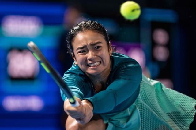 Philippines' Alexandra Eala hits a return against Russia's Diana Shnaider during their quarter-final match at the WTA Pan Pacific Open tennis tournament at Ariake Coliseum in Tokyo on October 28, 2026. (Photo by Yuichi YAMAZAKI / AFP)