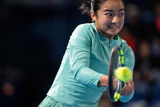 Philippines' Alexandra Eala hits a return against Russia's Diana Shnaider during their quarter-final match at the WTA Pan Pacific Open tennis tournament at Ariake Coliseum in Tokyo on October 28, 2026. (Photo by Yuichi YAMAZAKI / AFP)