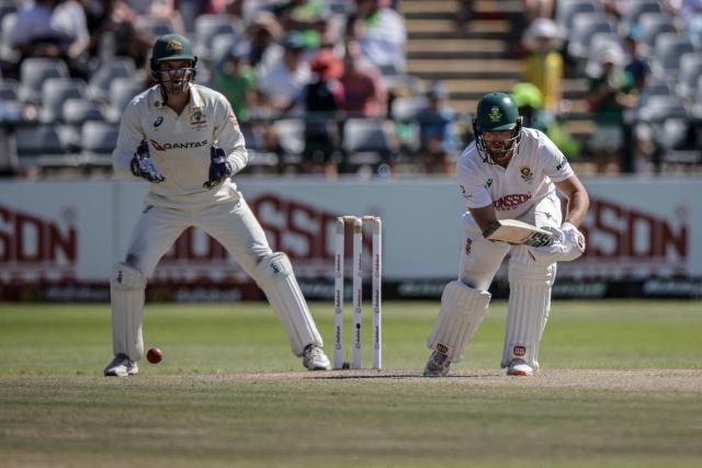 South Africa's Wiaan Mulder watches the ball after playing a shot on day four of the third Test match between South Africa and Australia at Newlands stadium in Cape Town on October 30, 2026. (Photo by Marco Longari / AFP)