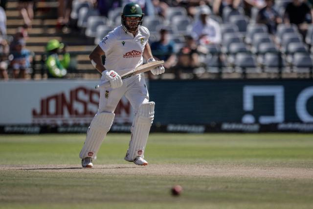 South Africa's Wiaan Mulder watches the ball after playing a shot on day four of the third Test match between South Africa and Australia at Newlands stadium in Cape Town on October 30, 2026. (Photo by Marco Longari / AFP)