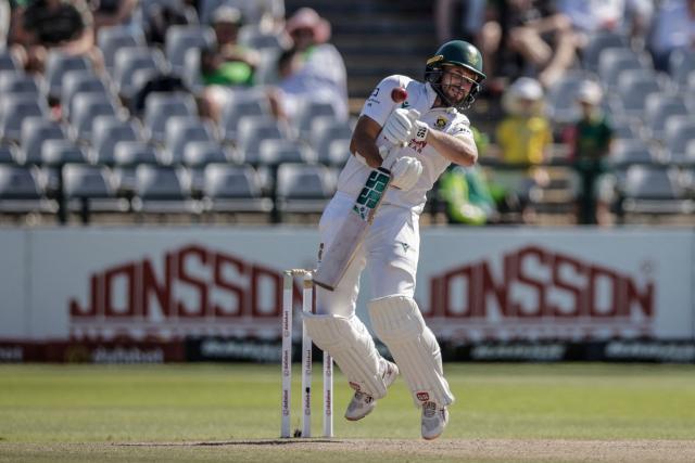 South Africa's Wiaan Mulder ducks a ball on day four of the third Test match between South Africa and Australia at Newlands stadium in Cape Town on October 30, 2026. (Photo by Marco Longari / AFP)