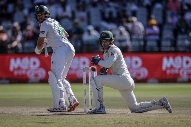 South Africa's Wiaan Mulder watches the ball after playing a shot on day four of the third Test match between South Africa and Australia at Newlands stadium in Cape Town on October 30, 2026. (Photo by Marco Longari / AFP)