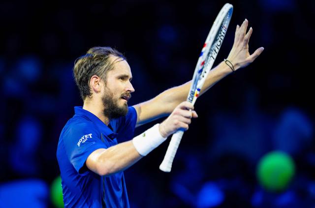 Russia's Daniil Medvedev reacts as he plays against France's Adrian Mannarino (not pictured) at the Erste Bank Open 2026 ATP 500 tennis tournament in Vienna, Austria, on October 30, 2026. (Photo by GEORG HOCHMUTH / APA / AFP) / Austria OUT