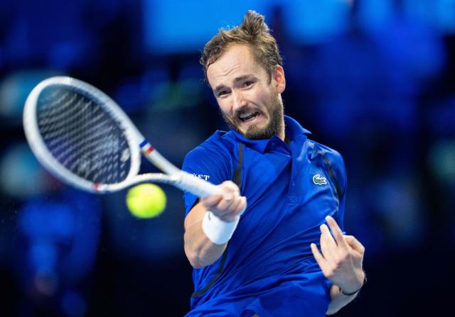 Russia's Daniil Medvedev returns the ball to France's Adrian Mannarino (not pictured) at the Erste Bank Open 2026 ATP 500 tennis tournament in Vienna, Austria, on October 30, 2026. (Photo by GEORG HOCHMUTH / APA / AFP) / Austria OUT