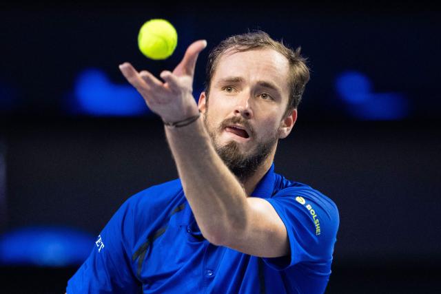 Russia's Daniil Medvedev serves the ball to France's Adrian Mannarino (not pictured) at the Erste Bank Open 2026 ATP 500 tennis tournament in Vienna, Austria, on October 30, 2026. (Photo by GEORG HOCHMUTH / APA / AFP) / Austria OUT