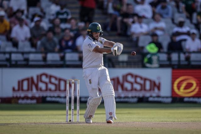South Africa's Wiaan Mulder plays a shot on day four of the third Test match between South Africa and Australia at Newlands stadium in Cape Town on October 30, 2026. (Photo by Marco Longari / AFP)