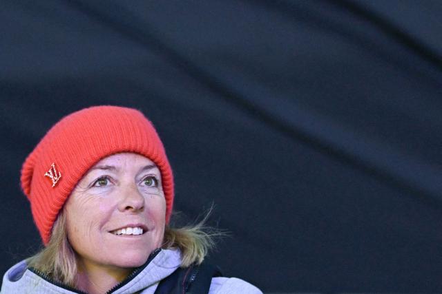 French skipper Alexia Barrier, react aboard of her "Idec Sport - CIC" Ultim class as she passes through the Naye lock of Saint-Malo's harbour, to moor of the coast of Saint-Malo northwestern France on October 30, 2026 a few days prior to the start of the Route du Rhum solo sailing race from Saint-Malo, to Pointe-a-Pitre in the French overseas island of Guadeloupe.  (Photo by Loic VENANCE / AFP)