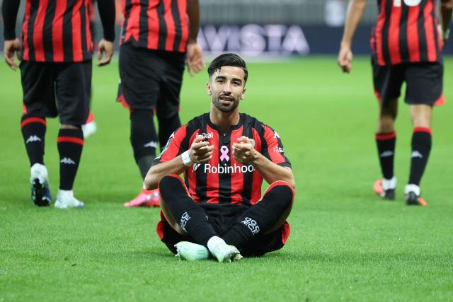 Nice's Algerian forward #09 Mohamed Amoura celebrates after scoring his team's fourth goal during the French L1 football match between OGC Nice and Stade Rennais FC at the Allianz Riviera Stadium in Nice, south-eastern France, on October 30, 2026.  (Photo by Valery HACHE / AFP)