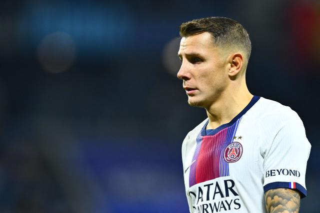 PSG's French defender #12 Lucas Digne looks on during the French L1 football match between Le Havre Athletic Club and Paris Saint-Germain (PSG) at Stade Oceane in Le Havre, north-western France on October 30, 2026. (Photo by Guillaume Saligot / AFP)