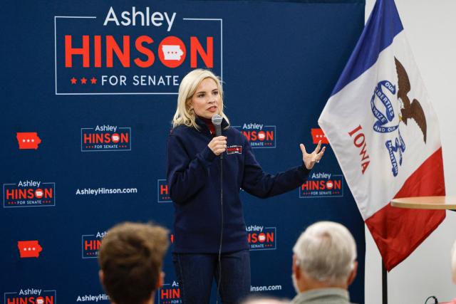US Representative Ashley Hinson, Republican from Iowa, and candidate for the US Senate, speaks during a campaign stop in Waterloo, Iowa, on October 30, 2026. Hinson is running against Democratic candidate Josh Turek to replace retiring US Senator Joni Ernst. (Photo by KAMIL KRZACZYNSKI / AFP)