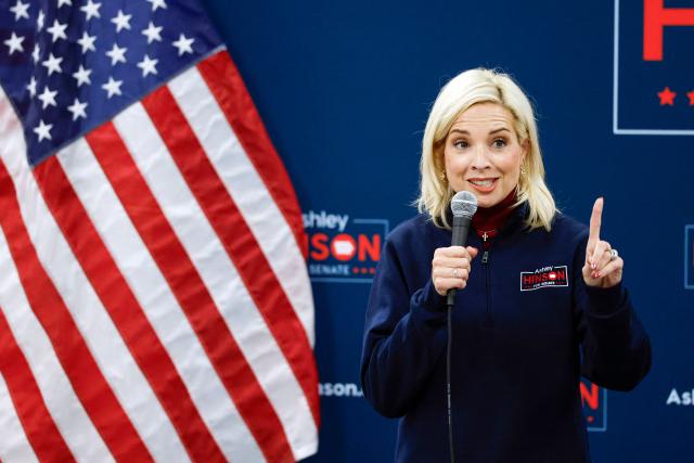 US Representative Ashley Hinson, Republican from Iowa, and candidate for the US Senate, speaks during a campaign stop in Waterloo, Iowa, on October 30, 2026. Hinson is running against Democratic candidate Josh Turek to replace retiring US Senator Joni Ernst. (Photo by KAMIL KRZACZYNSKI / AFP)