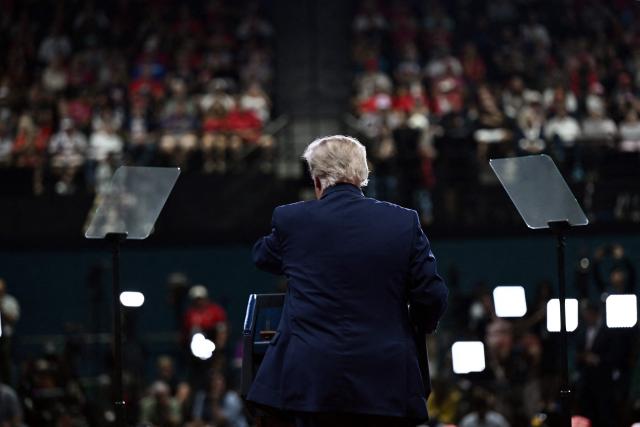US President Donald Trump speaks at a midterm campaign rally at the Ocean Center in Daytona Beach, Florida on October 30, 2026. (Photo by Brendan SMIALOWSKI / AFP)
