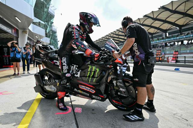 Aprilia Racing's Spanish rider Jorge Martin sits on his bike in the pits for the second free practice session of the MotoGP Malaysian Grand Prix at the Sepang International Circuit in Sepang on October 31, 2026. (Photo by MOHD RASFAN / AFP)